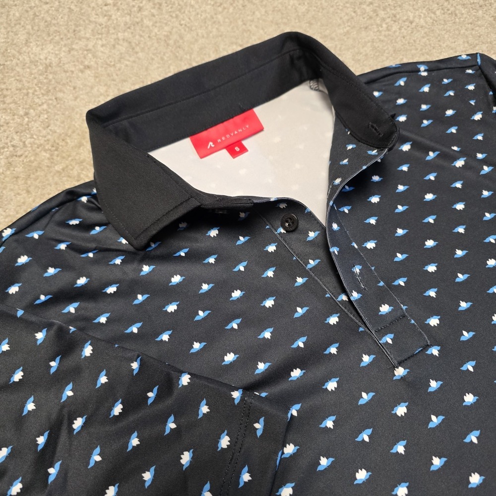 Redvanly Ryder Performance Golf Polo Mens Small Black Tuxedo Lotus Print Stretch